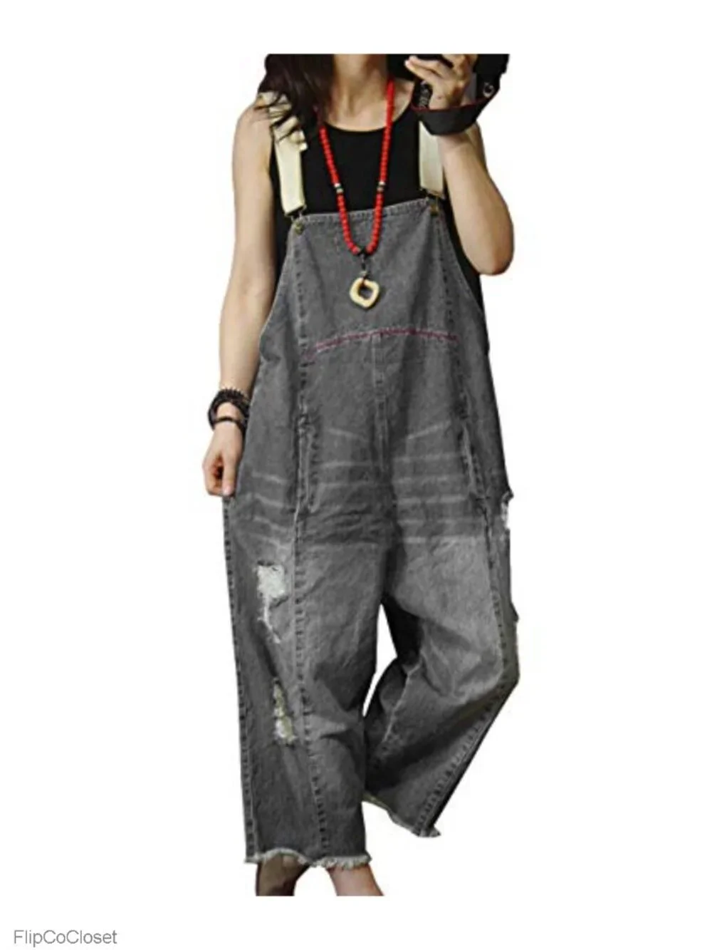 Women's Distressed Ripped Fringed Denim Overalls Cropped Loose Fit Jumpsuit
